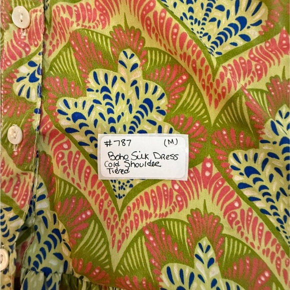 Boho silk Green and Orange Midi Dress - Picture 4 of 8